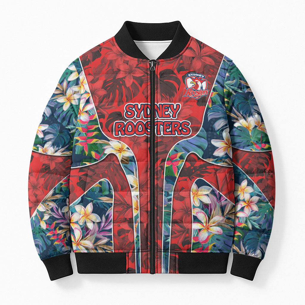 Sydney Roosters Bomber Puffer Jacket Tropical Hibiscus Floral Pattern With Red And Blue Accents