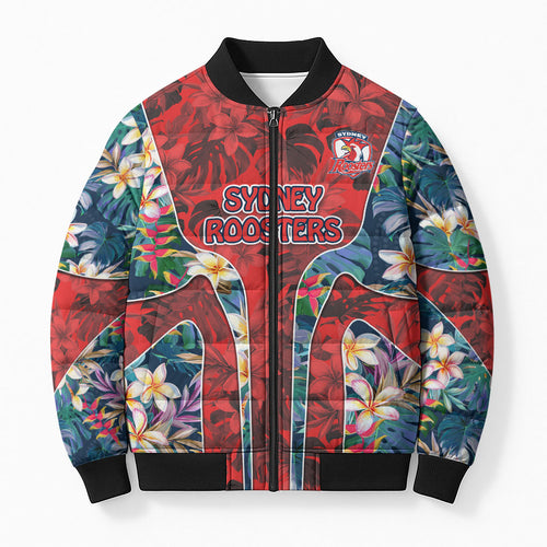 Sydney Roosters Bomber Puffer Jacket Tropical Hibiscus Floral Pattern With Red And Blue Accents