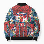 Sydney Roosters Bomber Puffer Jacket Tropical Hibiscus Floral Pattern With Red And Blue Accents