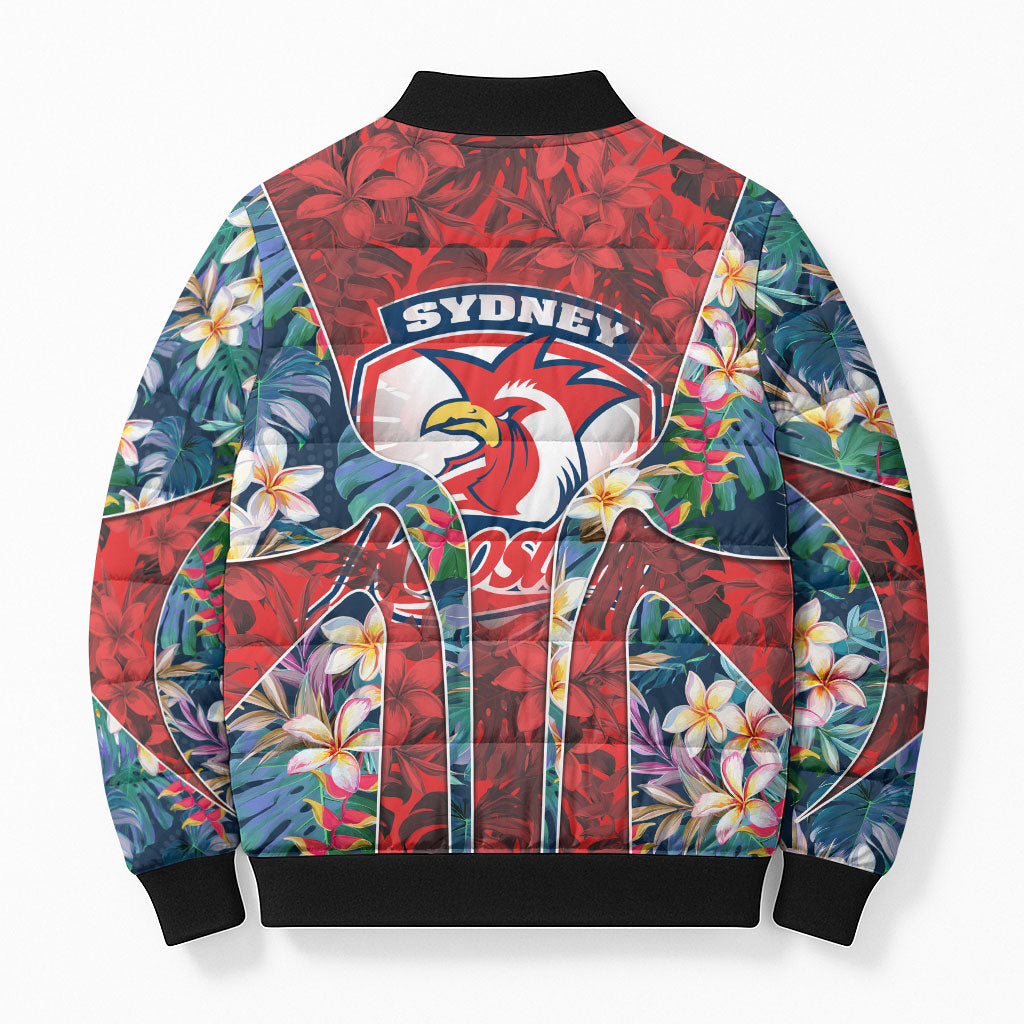 Sydney Roosters Bomber Puffer Jacket Tropical Hibiscus Floral Pattern With Red And Blue Accents
