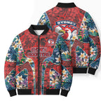 Sydney Roosters Bomber Puffer Jacket Tropical Hibiscus Floral Pattern With Red And Blue Accents