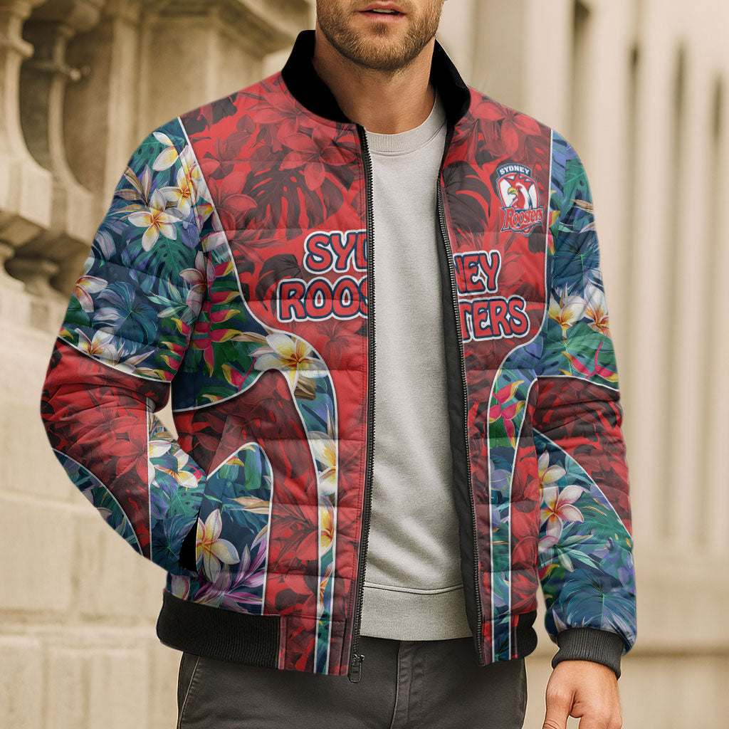 Sydney Roosters Bomber Puffer Jacket Tropical Hibiscus Floral Pattern With Red And Blue Accents
