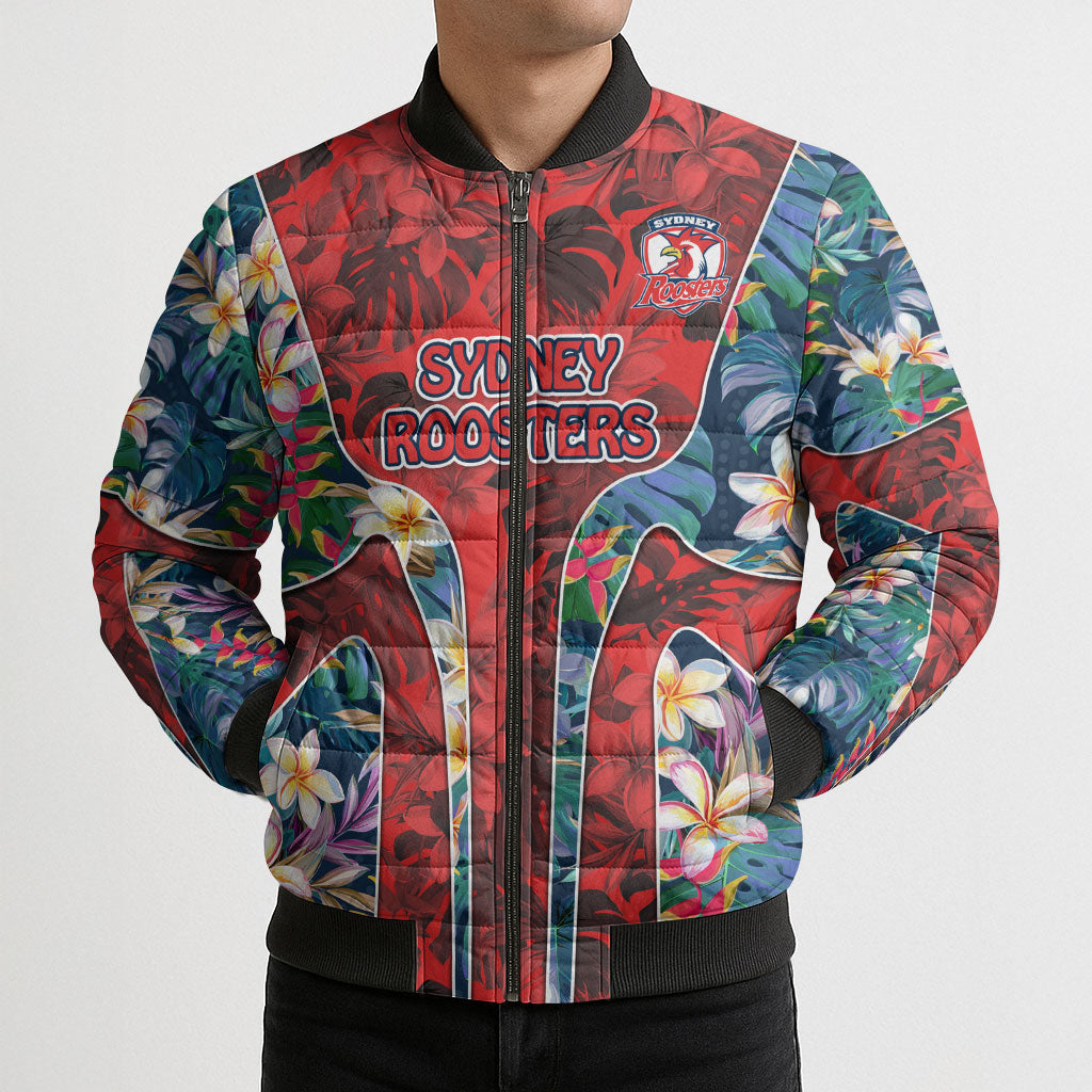 Sydney Roosters Bomber Puffer Jacket Tropical Hibiscus Floral Pattern With Red And Blue Accents