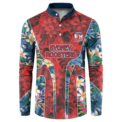 Sydney Roosters Button Sweatshirt Tropical Hibiscus Floral Pattern With Red And Blue Accents