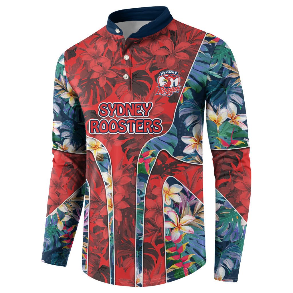 Sydney Roosters Button Sweatshirt Tropical Hibiscus Floral Pattern With Red And Blue Accents