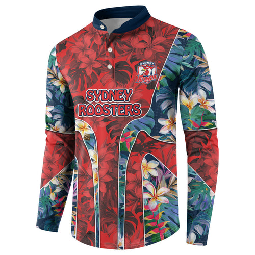 Sydney Roosters Button Sweatshirt Tropical Hibiscus Floral Pattern With Red And Blue Accents