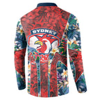 Sydney Roosters Button Sweatshirt Tropical Hibiscus Floral Pattern With Red And Blue Accents
