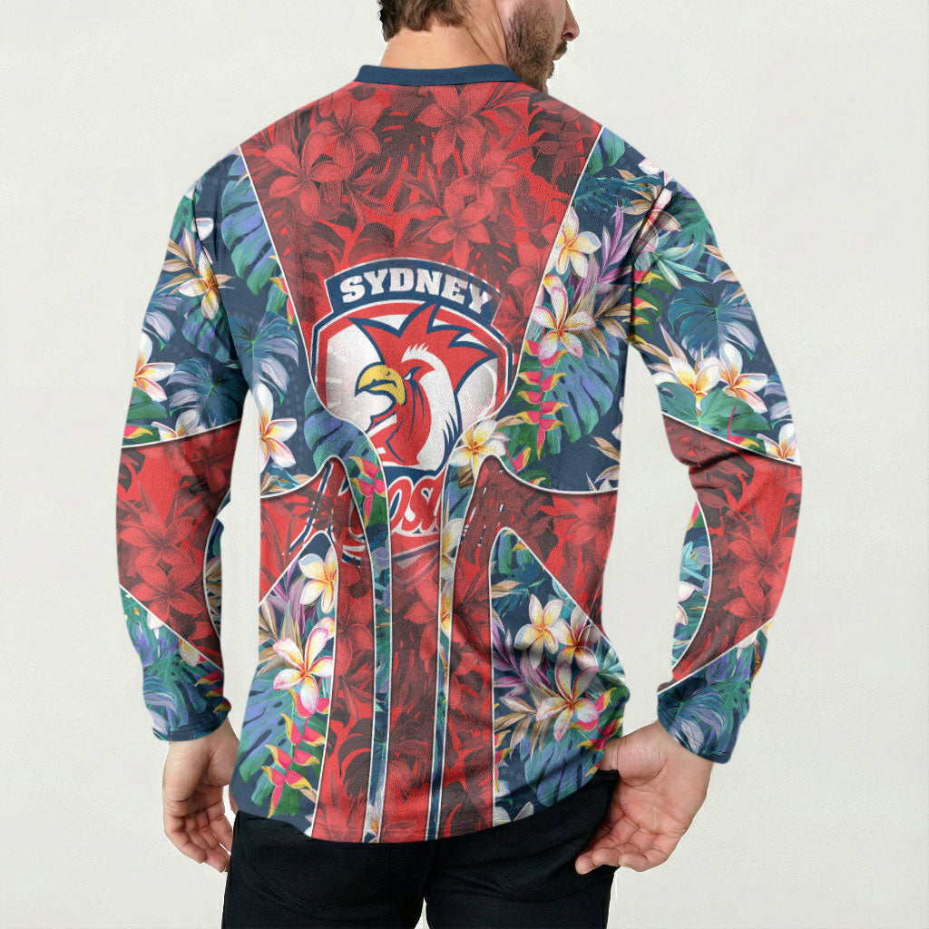 Sydney Roosters Button Sweatshirt Tropical Hibiscus Floral Pattern With Red And Blue Accents