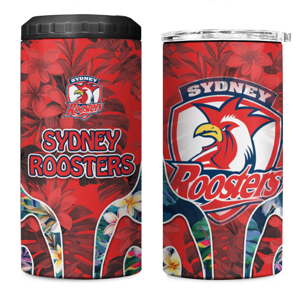 Sydney Roosters 4 in 1 Can Cooler Tumbler Tropical Hibiscus Floral Pattern With Red And Blue Accents