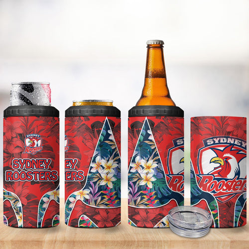 Sydney Roosters 4 in 1 Can Cooler Tumbler Tropical Hibiscus Floral Pattern With Red And Blue Accents