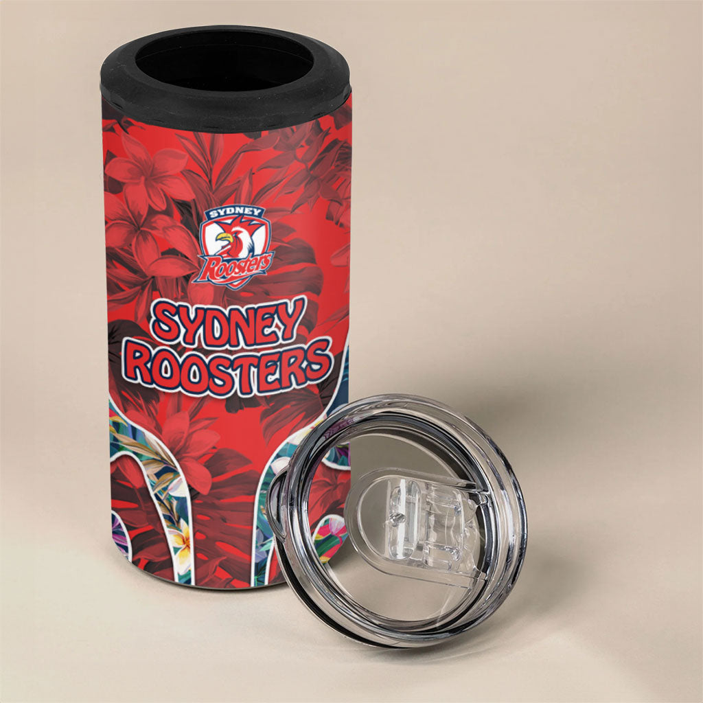 Sydney Roosters 4 in 1 Can Cooler Tumbler Tropical Hibiscus Floral Pattern With Red And Blue Accents