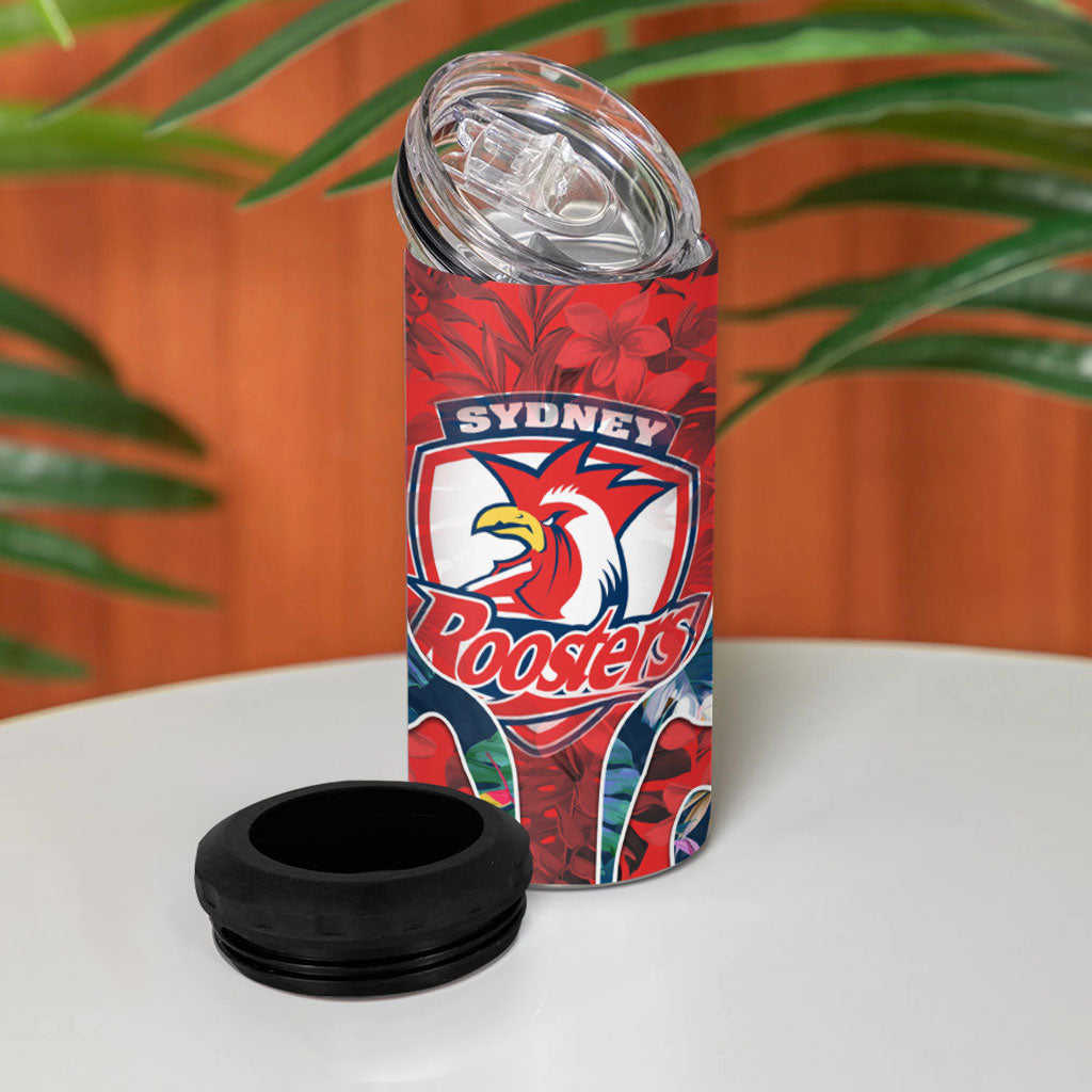 Sydney Roosters 4 in 1 Can Cooler Tumbler Tropical Hibiscus Floral Pattern With Red And Blue Accents