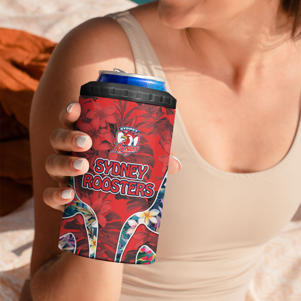 Sydney Roosters 4 in 1 Can Cooler Tumbler Tropical Hibiscus Floral Pattern With Red And Blue Accents