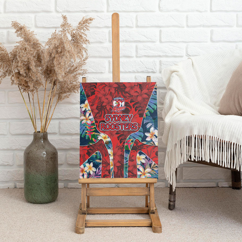 Sydney Roosters Canvas Wall Art Tropical Hibiscus Floral Pattern With Red And Blue Accents