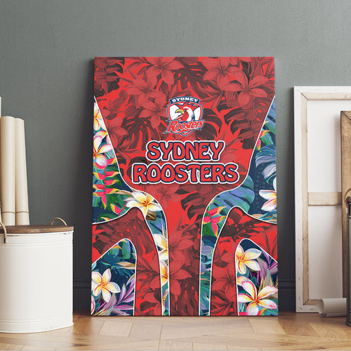 Sydney Roosters Canvas Wall Art Tropical Hibiscus Floral Pattern With Red And Blue Accents