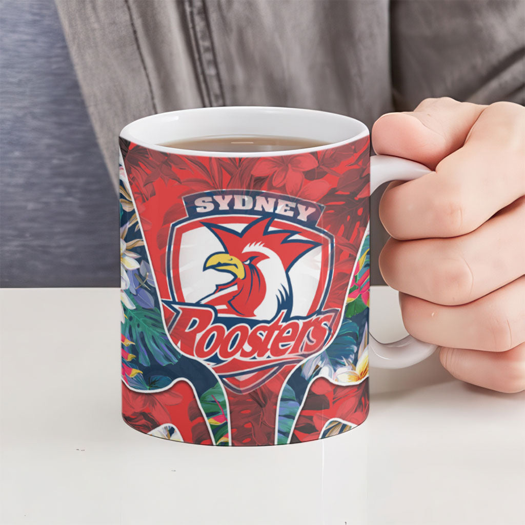 Sydney Roosters Ceramic Mug Tropical Hibiscus Floral Pattern With Red And Blue Accents