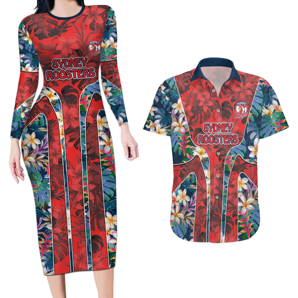 Sydney Roosters Couples Matching Long Sleeve Bodycon Dress and Hawaiian Shirt Tropical Hibiscus Floral Pattern With Red And Blue Accents