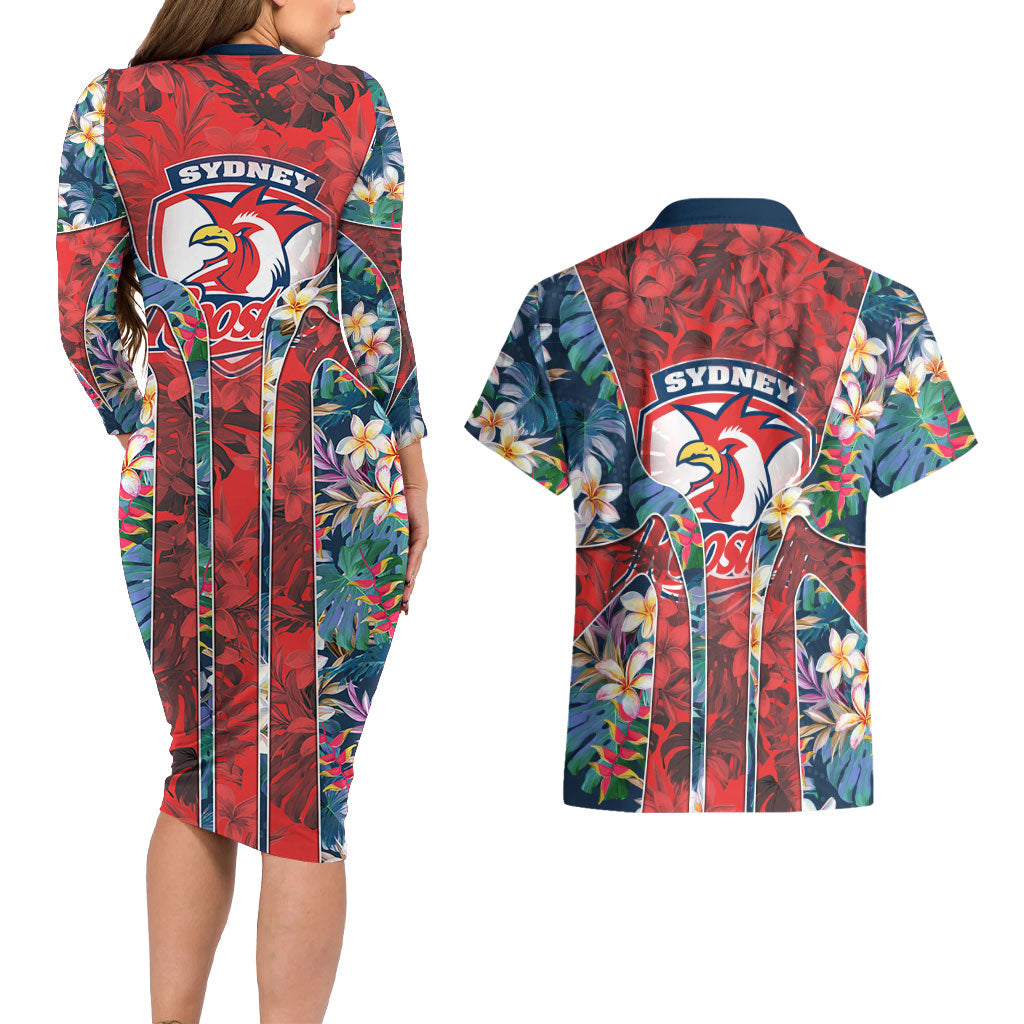 Sydney Roosters Couples Matching Long Sleeve Bodycon Dress and Hawaiian Shirt Tropical Hibiscus Floral Pattern With Red And Blue Accents