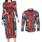 Sydney Roosters Couples Matching Long Sleeve Bodycon Dress and Long Sleeve Button Shirt Tropical Hibiscus Floral Pattern With Red And Blue Accents