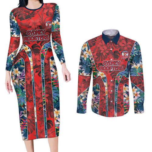 Sydney Roosters Couples Matching Long Sleeve Bodycon Dress and Long Sleeve Button Shirt Tropical Hibiscus Floral Pattern With Red And Blue Accents
