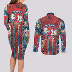 Sydney Roosters Couples Matching Long Sleeve Bodycon Dress and Long Sleeve Button Shirt Tropical Hibiscus Floral Pattern With Red And Blue Accents