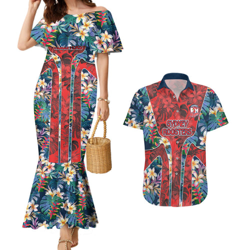 Sydney Roosters Couples Matching Mermaid Dress and Hawaiian Shirt Tropical Hibiscus Floral Pattern With Red And Blue Accents
