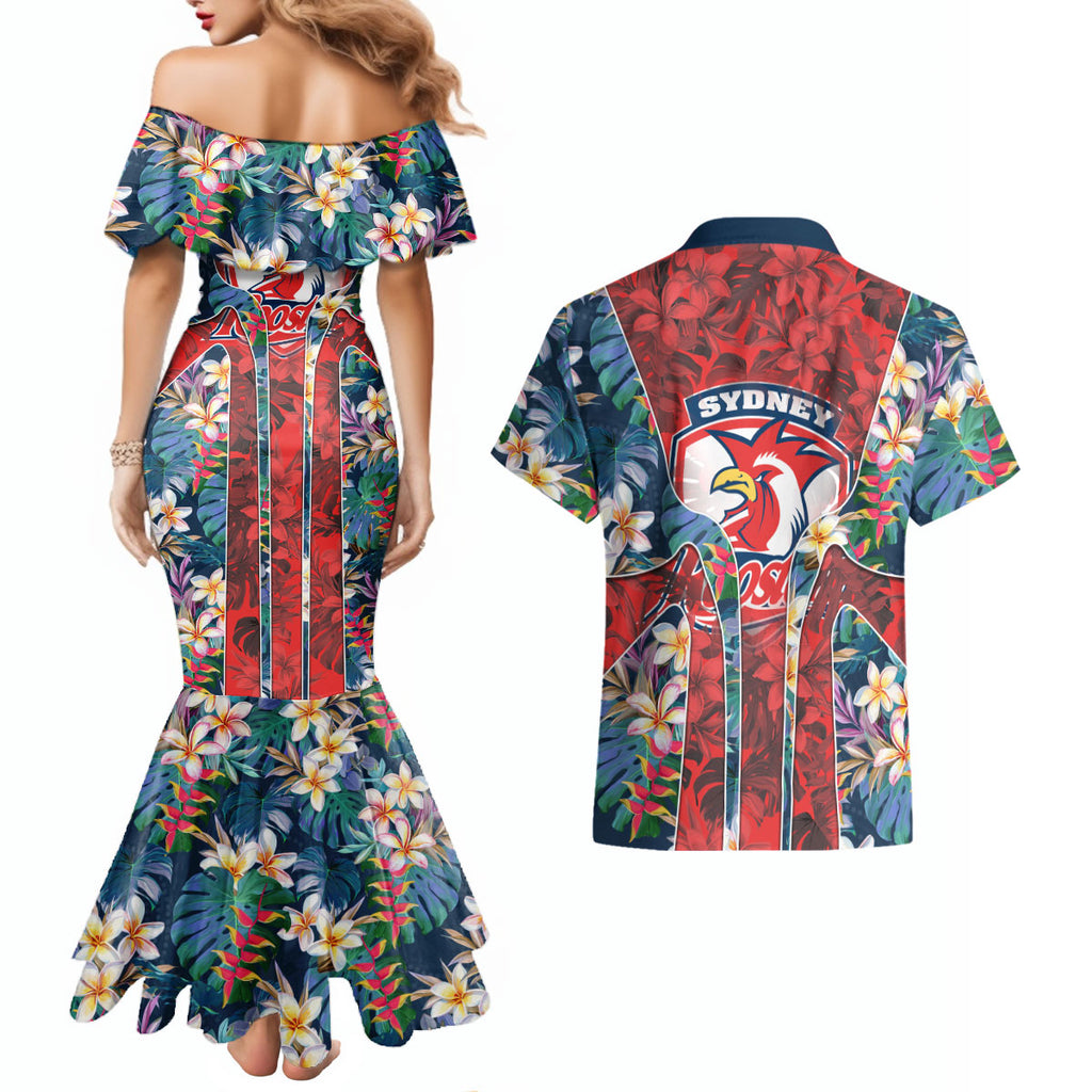 Sydney Roosters Couples Matching Mermaid Dress and Hawaiian Shirt Tropical Hibiscus Floral Pattern With Red And Blue Accents