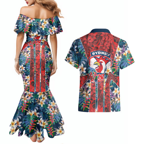 Sydney Roosters Couples Matching Mermaid Dress and Hawaiian Shirt Tropical Hibiscus Floral Pattern With Red And Blue Accents