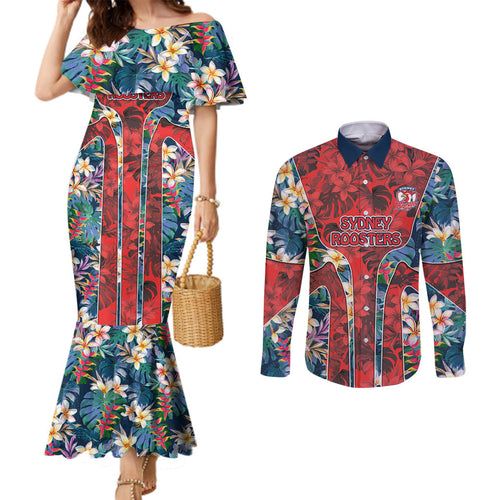 Sydney Roosters Couples Matching Mermaid Dress and Long Sleeve Button Shirt Tropical Hibiscus Floral Pattern With Red And Blue Accents