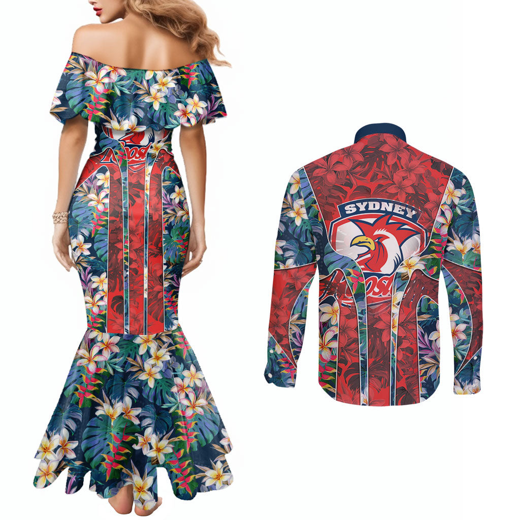 Sydney Roosters Couples Matching Mermaid Dress and Long Sleeve Button Shirt Tropical Hibiscus Floral Pattern With Red And Blue Accents