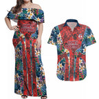Sydney Roosters Couples Matching Off Shoulder Maxi Dress and Hawaiian Shirt Tropical Hibiscus Floral Pattern With Red And Blue Accents