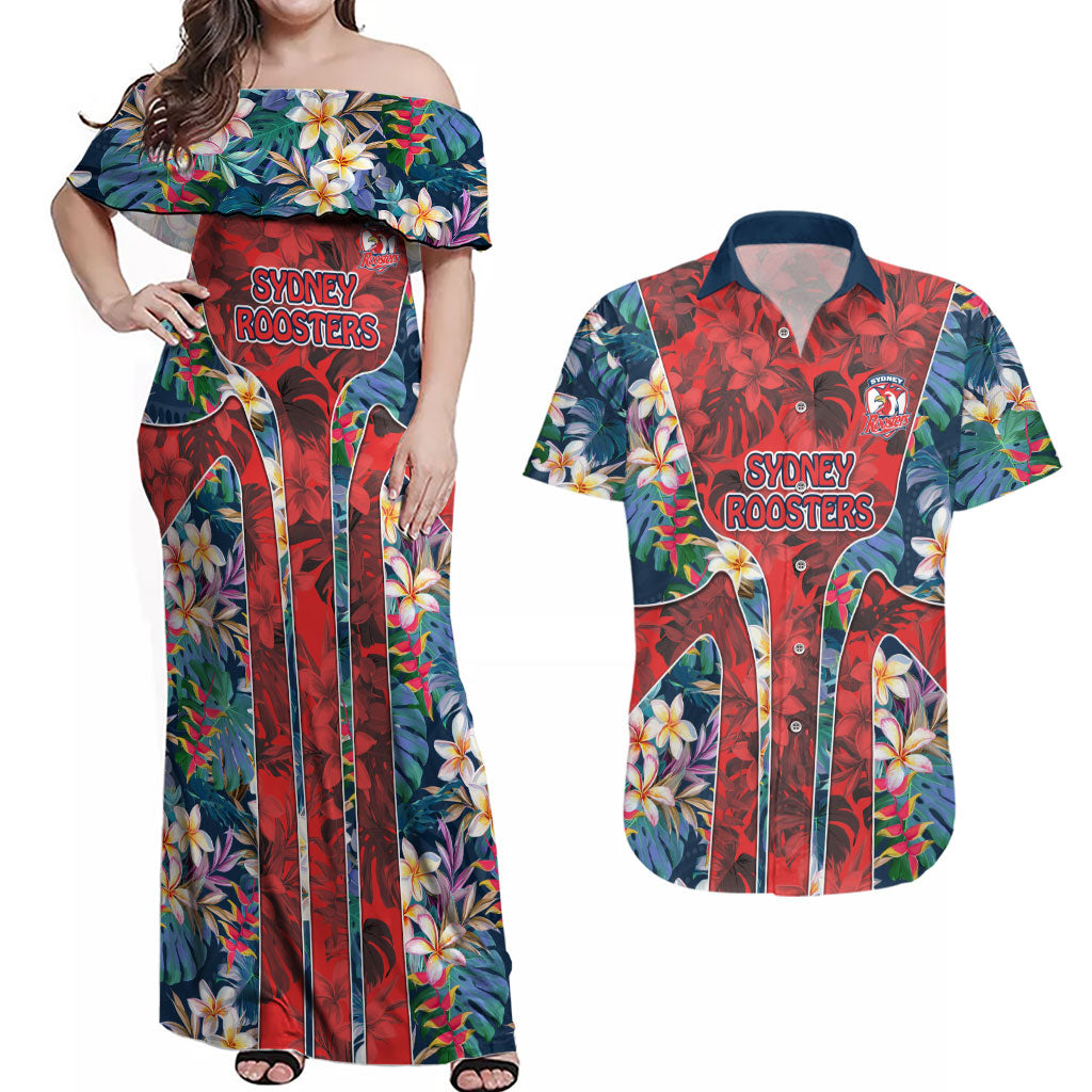 Sydney Roosters Couples Matching Off Shoulder Maxi Dress and Hawaiian Shirt Tropical Hibiscus Floral Pattern With Red And Blue Accents