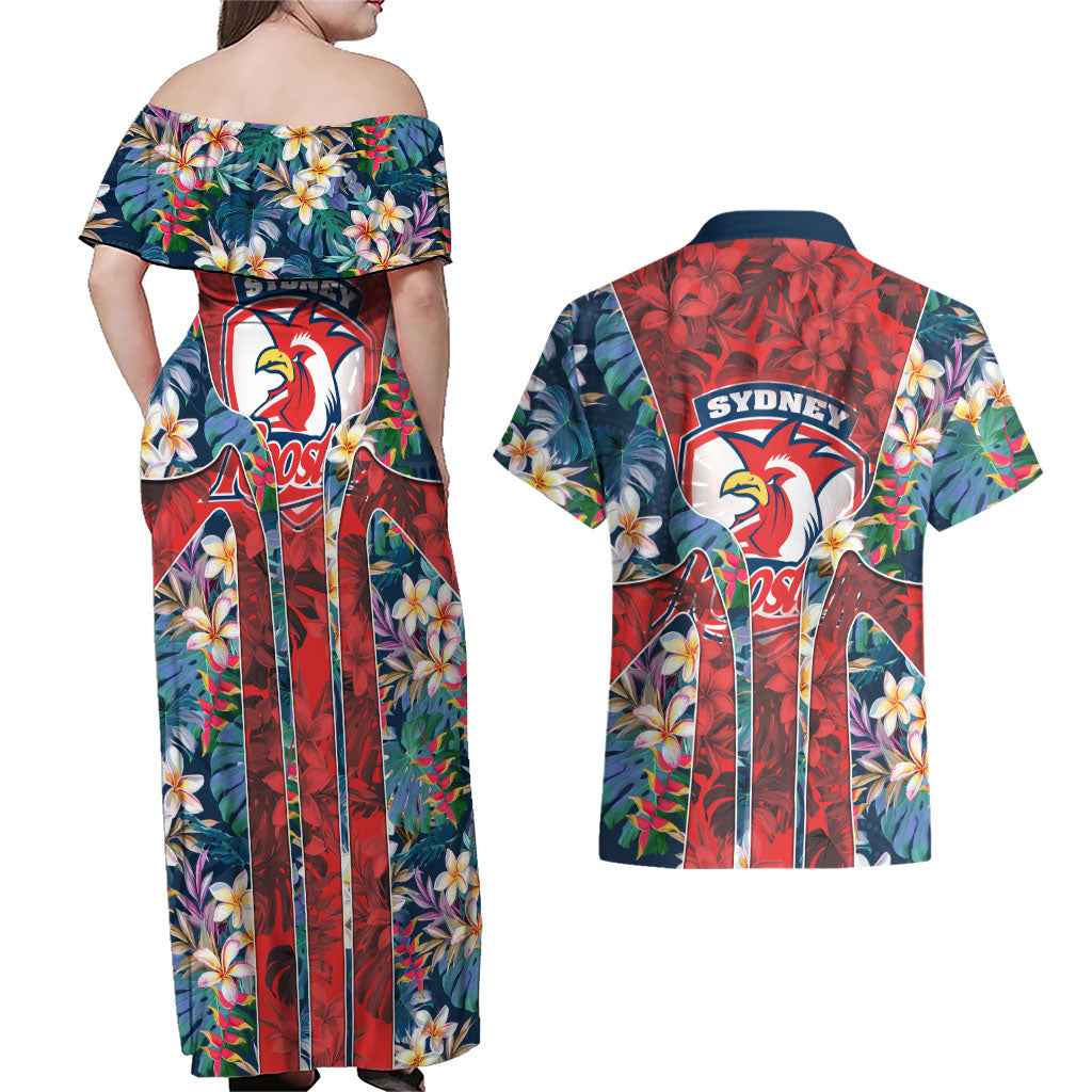 Sydney Roosters Couples Matching Off Shoulder Maxi Dress and Hawaiian Shirt Tropical Hibiscus Floral Pattern With Red And Blue Accents