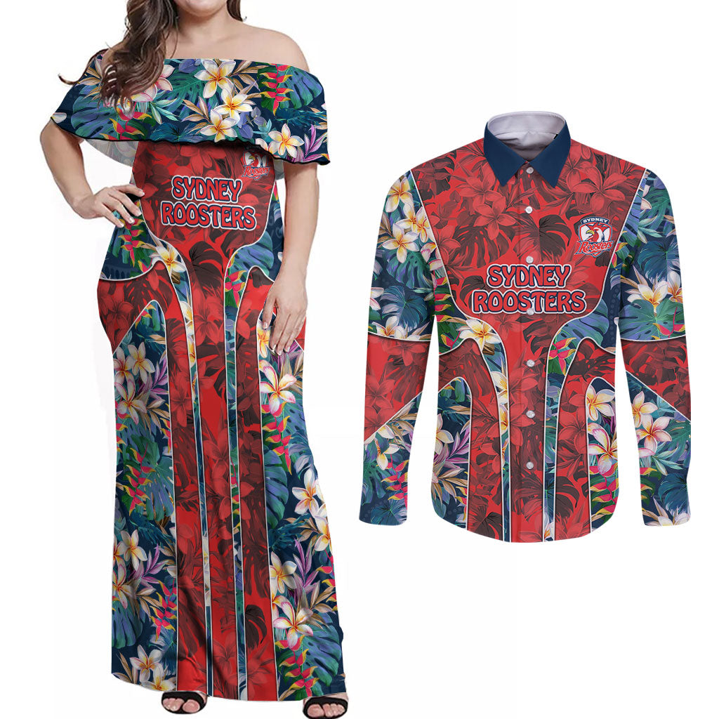 Sydney Roosters Couples Matching Off Shoulder Maxi Dress and Long Sleeve Button Shirt Tropical Hibiscus Floral Pattern With Red And Blue Accents