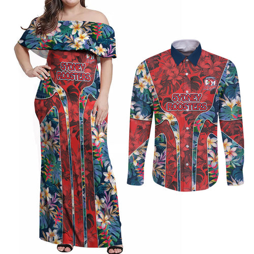 Sydney Roosters Couples Matching Off Shoulder Maxi Dress and Long Sleeve Button Shirt Tropical Hibiscus Floral Pattern With Red And Blue Accents
