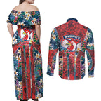 Sydney Roosters Couples Matching Off Shoulder Maxi Dress and Long Sleeve Button Shirt Tropical Hibiscus Floral Pattern With Red And Blue Accents