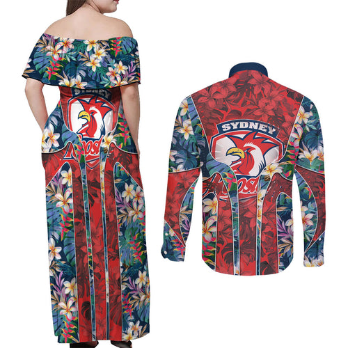 Sydney Roosters Couples Matching Off Shoulder Maxi Dress and Long Sleeve Button Shirt Tropical Hibiscus Floral Pattern With Red And Blue Accents