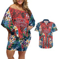 Sydney Roosters Couples Matching Off Shoulder Short Dress and Hawaiian Shirt Tropical Hibiscus Floral Pattern With Red And Blue Accents
