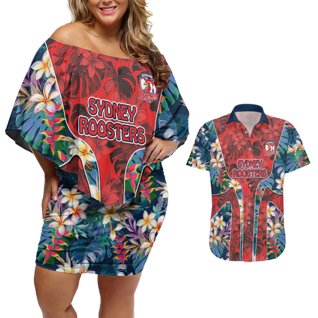 Sydney Roosters Couples Matching Off Shoulder Short Dress and Hawaiian Shirt Tropical Hibiscus Floral Pattern With Red And Blue Accents