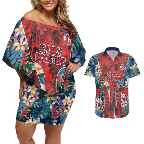 Sydney Roosters Couples Matching Off Shoulder Short Dress and Hawaiian Shirt Tropical Hibiscus Floral Pattern With Red And Blue Accents
