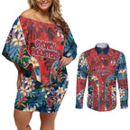Sydney Roosters Couples Matching Off Shoulder Short Dress and Long Sleeve Button Shirt Tropical Hibiscus Floral Pattern With Red And Blue Accents
