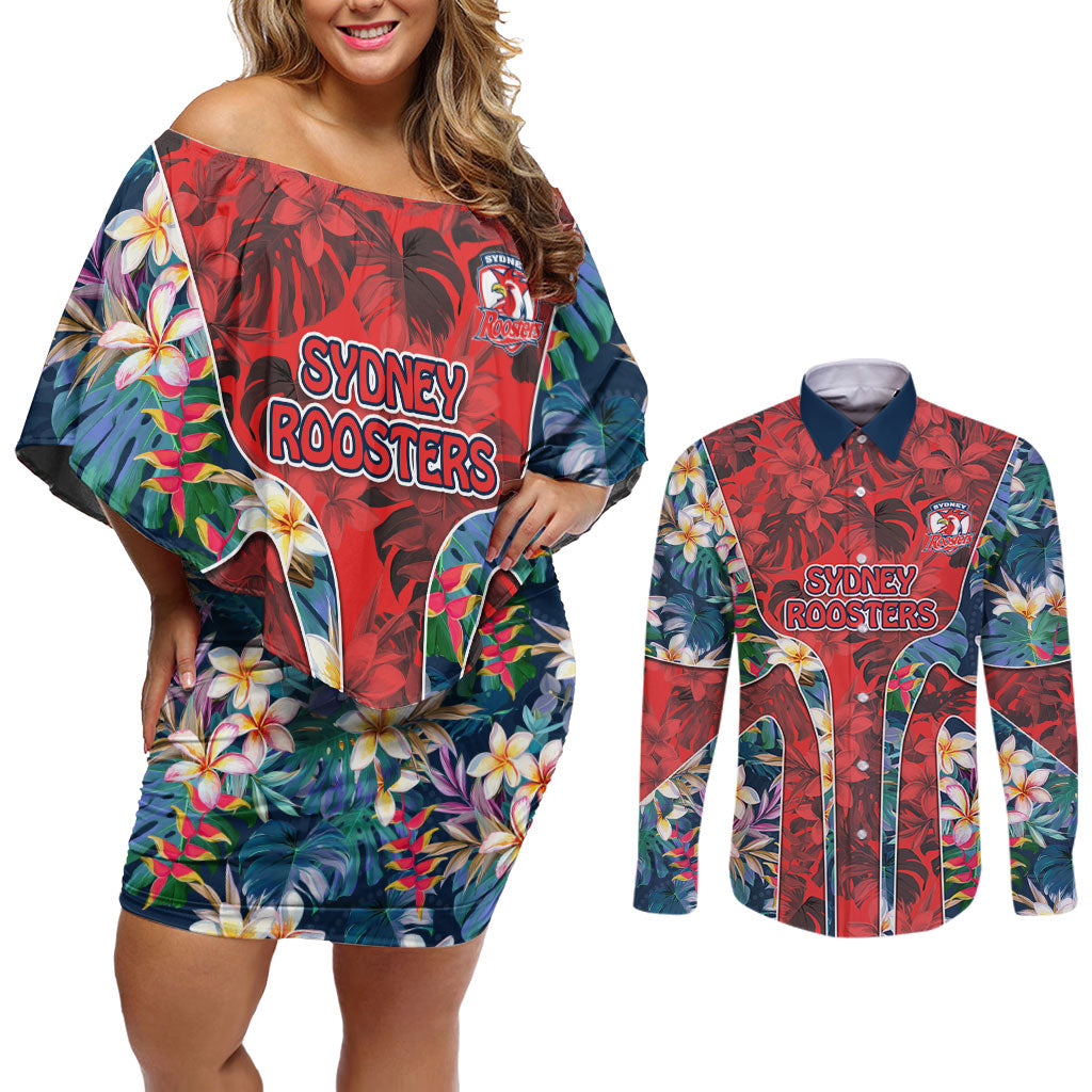 Sydney Roosters Couples Matching Off Shoulder Short Dress and Long Sleeve Button Shirt Tropical Hibiscus Floral Pattern With Red And Blue Accents