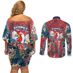 Sydney Roosters Couples Matching Off Shoulder Short Dress and Long Sleeve Button Shirt Tropical Hibiscus Floral Pattern With Red And Blue Accents