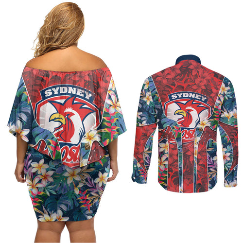 Sydney Roosters Couples Matching Off Shoulder Short Dress and Long Sleeve Button Shirt Tropical Hibiscus Floral Pattern With Red And Blue Accents