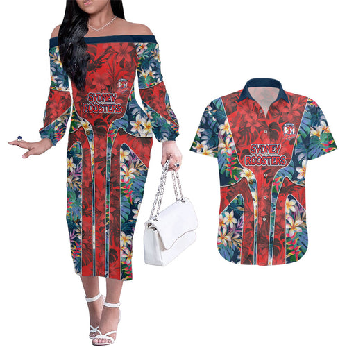 Sydney Roosters Couples Matching Off The Shoulder Long Sleeve Dress and Hawaiian Shirt Tropical Hibiscus Floral Pattern With Red And Blue Accents