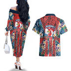 Sydney Roosters Couples Matching Off The Shoulder Long Sleeve Dress and Hawaiian Shirt Tropical Hibiscus Floral Pattern With Red And Blue Accents