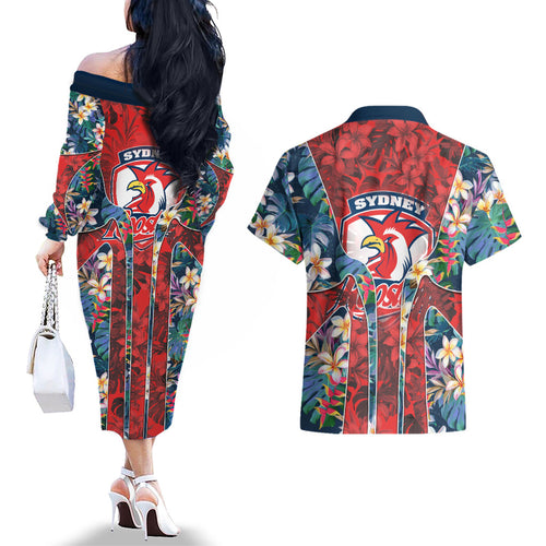 Sydney Roosters Couples Matching Off The Shoulder Long Sleeve Dress and Hawaiian Shirt Tropical Hibiscus Floral Pattern With Red And Blue Accents