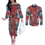 Sydney Roosters Couples Matching Off The Shoulder Long Sleeve Dress and Long Sleeve Button Shirt Tropical Hibiscus Floral Pattern With Red And Blue Accents