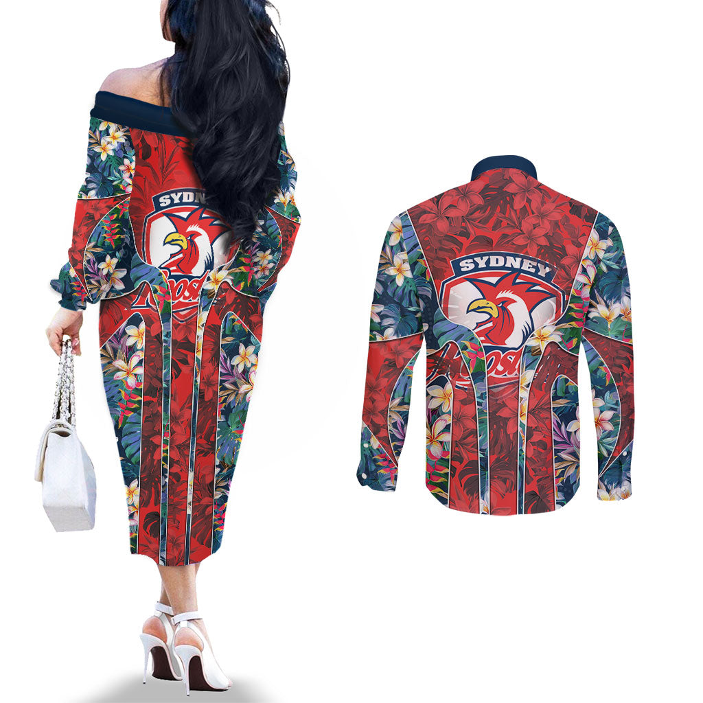Sydney Roosters Couples Matching Off The Shoulder Long Sleeve Dress and Long Sleeve Button Shirt Tropical Hibiscus Floral Pattern With Red And Blue Accents