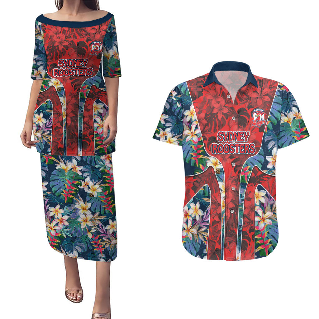 Sydney Roosters Couples Matching Puletasi and Hawaiian Shirt Tropical Hibiscus Floral Pattern With Red And Blue Accents